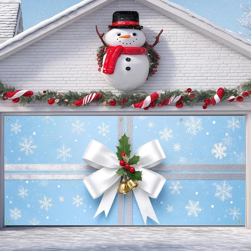 IVN Christmas Garage Door Banner 6x13 ft Blue Snowflake Gift Wrap with White Ribbon and Silver Bells Backdrop Decorative Holiday Christmas Garage Door Cover Mural Winter Scene Photo Backdrop - Image 1